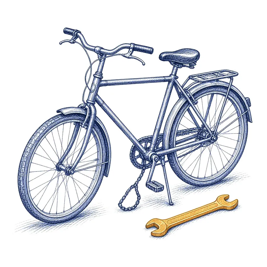 A pen sketch of a bicycle on its stand with the chain hanging loose, and an ochre spanner on the ground beside it