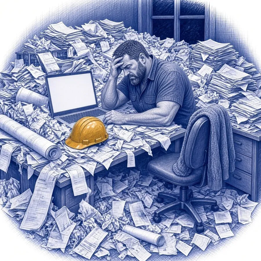 A pen sketch of a bearded builder at night in his site office, head in his hand, buried in invoices, timesheets and plans beside an empty desk with a cardigan left on its chair, his ochre hard hat on the desk
