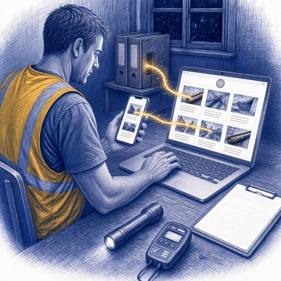 A pen sketch of the inspector watching his own app fill in a report, ochre trails carrying photos from his phone and old reports from a shelf of binders into the laptop