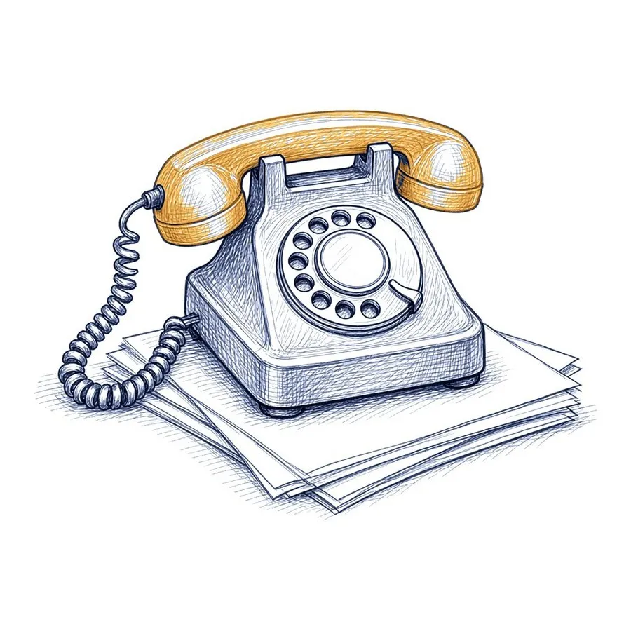 A pen sketch of an old rotary desk telephone on a stack of papers, its handset drawn in ochre